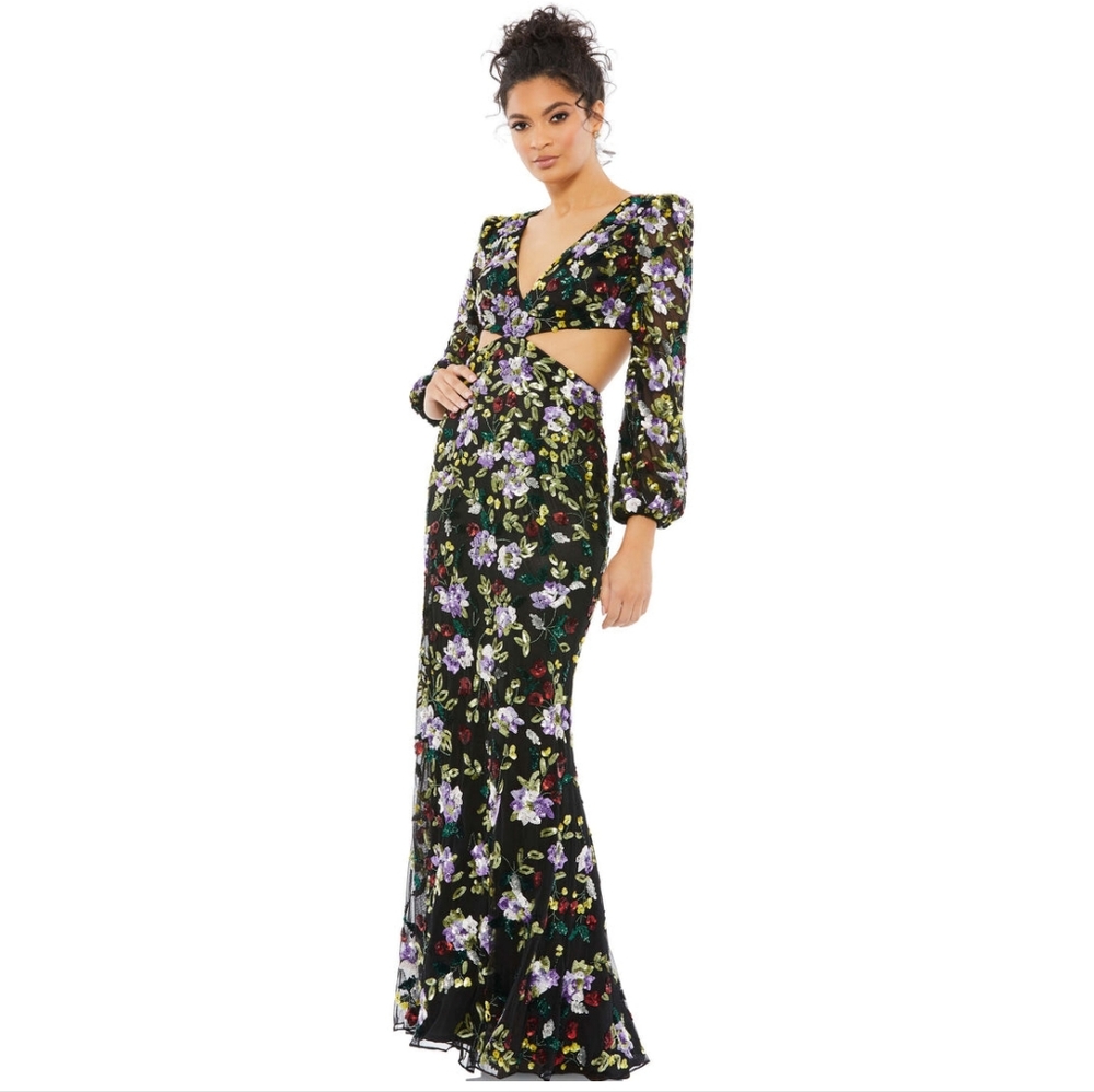 NWT Mac Duggal Floral Sequined Cutout Dress, Size 2